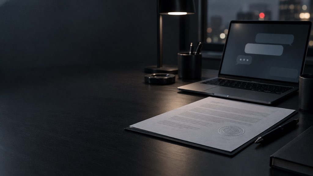 Dokument z tłoczoną pieczęcią obok laptopa z dymkami czatu