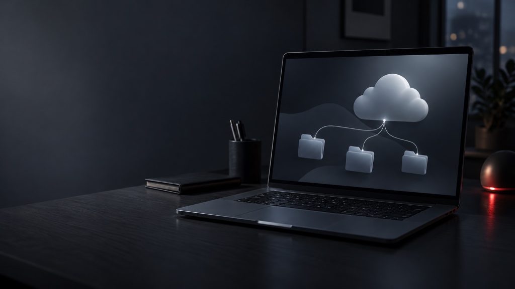 Laptop z ikonami folderów połączonych z chmurą