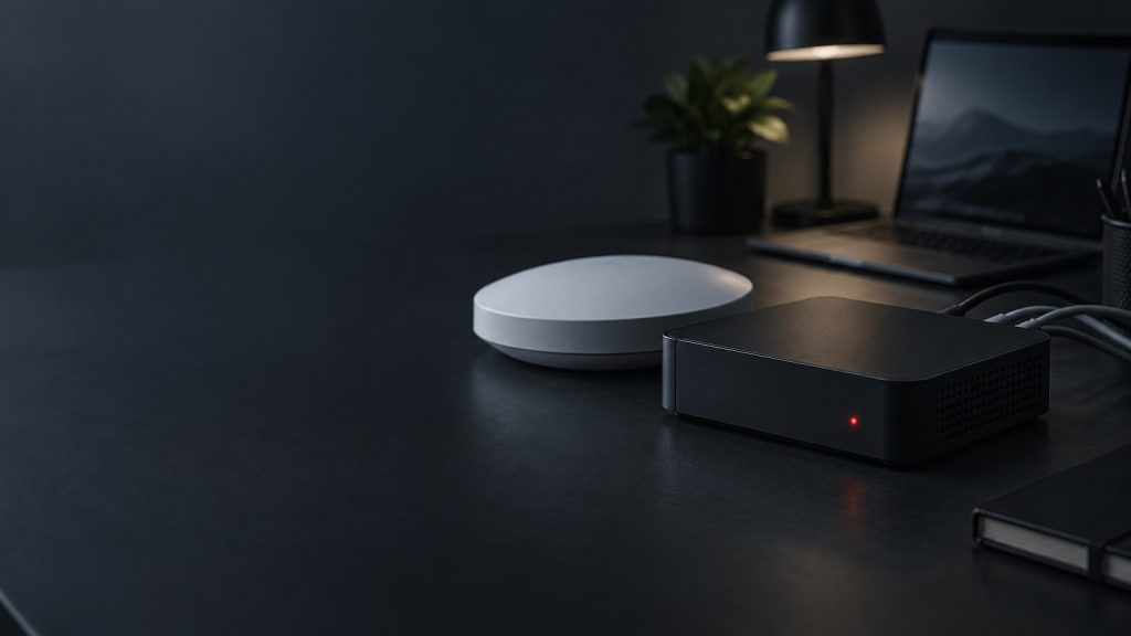 Router i biały punkt dostępowy Wi-Fi na biurku