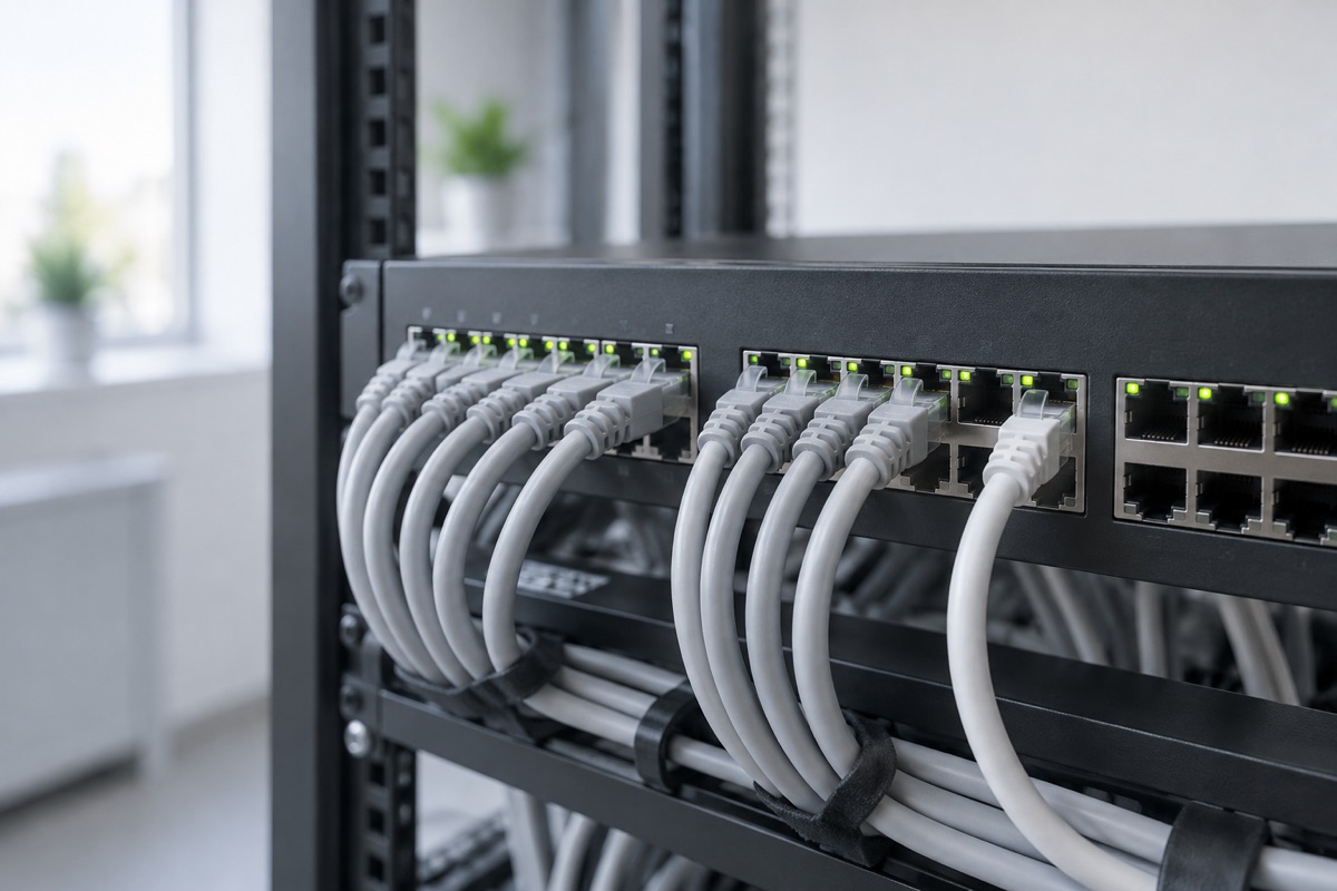 ai-cisco-jasny Porty przełącznika sieciowego z podłączonymi szarymi kablami