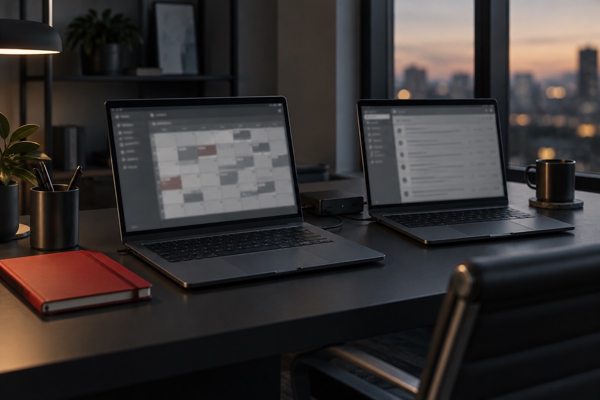 ai-laptopy-ciemne Dwa laptopy i stacja dokująca na ciemnym biurku wieczorem, obok czerwony notes