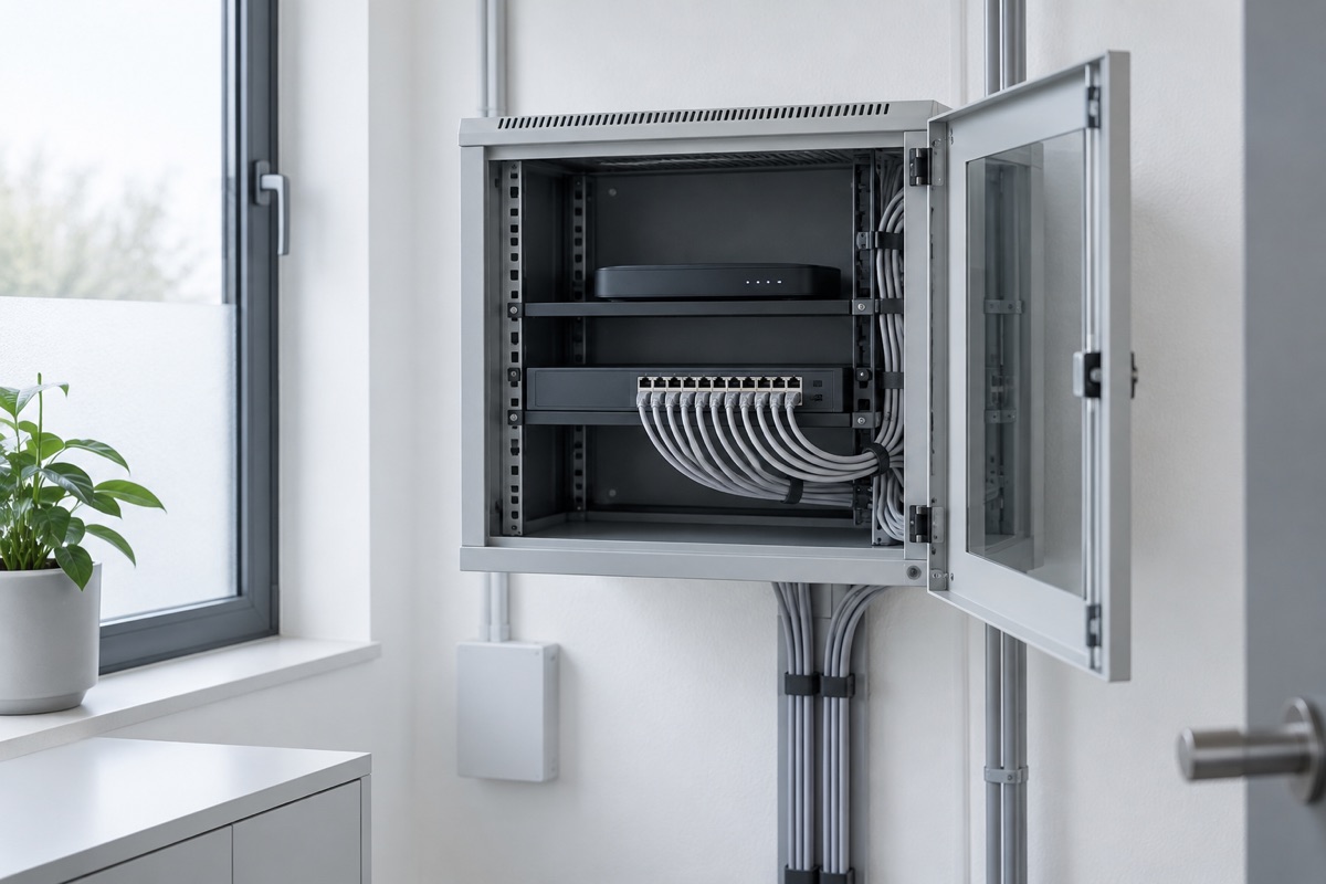 ai-mikrotik-jasny Otwarta szafka sieciowa z routerem w oddziale firmy