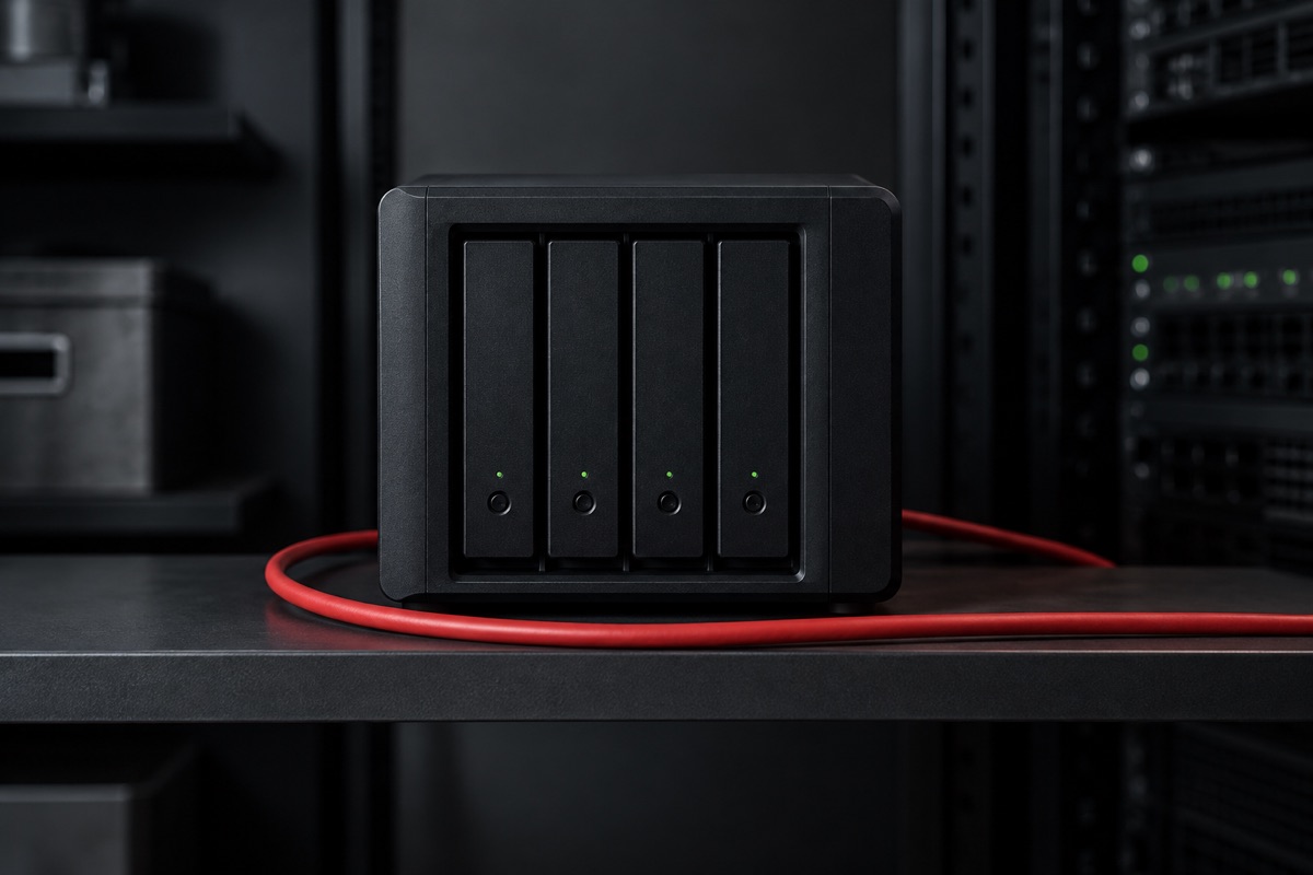 ai-nas-ciemny Serwer NAS z czterema dyskami na ciemnej półce, przed nim czerwony kabel sieciowy