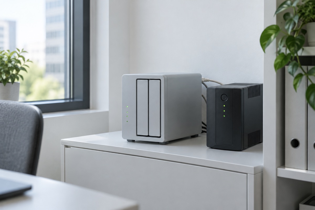 ai-synology-jasny Serwer NAS i zasilacz awaryjny na szafce w jasnym biurze